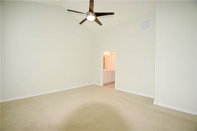 179 Camry Ln, Grayson, GA 30017 - unfurnished room featuring a ceiling fan, light carpet, baseboards, and high vaulted ceiling
