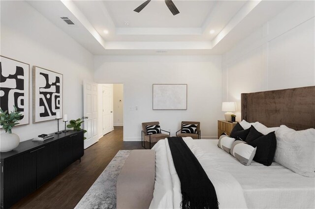 60 Newcastle St SW, Atlanta, GA 30314 - bedroom featuring dark wood-style floors, a towering ceiling, a raised ceiling, ceiling fan, and recessed lighting