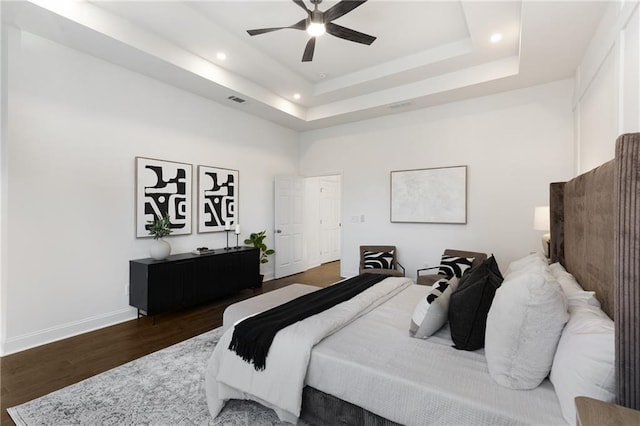 60 Newcastle St SW, Atlanta, GA 30314 - bedroom with wood finished floors, a raised ceiling, recessed lighting, ceiling fan, and a towering ceiling