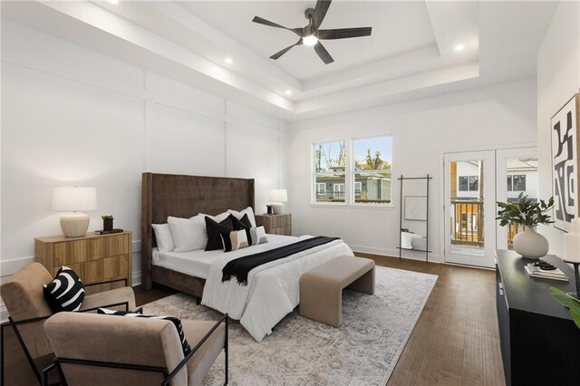 60 Newcastle St SW, Atlanta, GA 30314 - bedroom with access to exterior, dark wood-type flooring, recessed lighting, a raised ceiling, and a ceiling fan