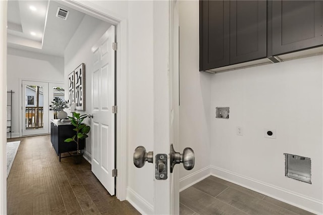 60 Newcastle St SW, Atlanta, GA 30314 - laundry room with cabinet space, hookup for an electric dryer, dark wood finished floors, recessed lighting, and washer hookup