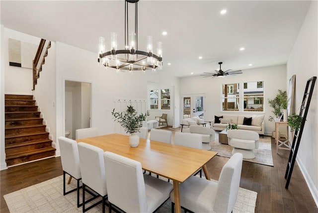 60 Newcastle St SW, Atlanta, GA 30314 - dining room featuring stairs, dark wood-style floors, recessed lighting, ceiling fan, and a chandelier