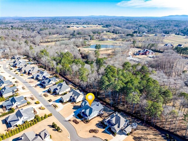 aerial view of residential area with a nearby body of water and a forest