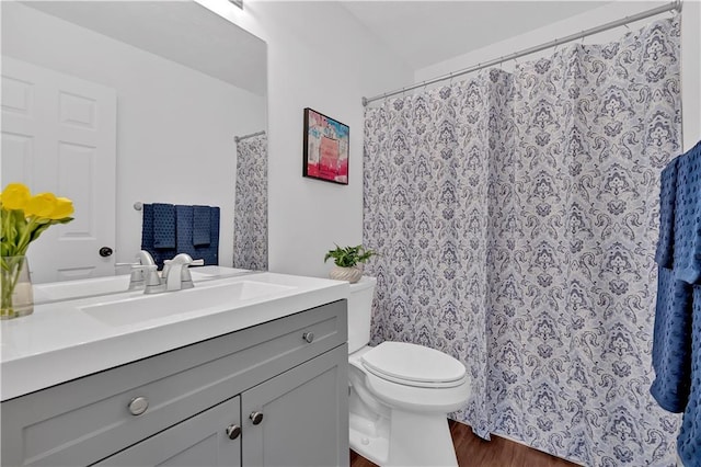 bathroom with wood finished floors, toilet, vanity, and a shower with curtain