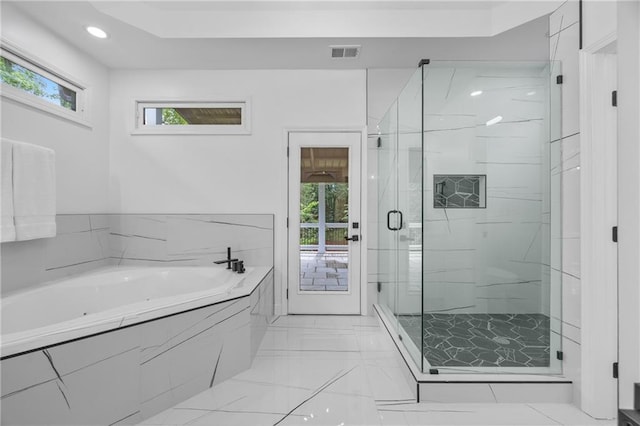 1217 Cabin Bridge Rd, Bethlehem, GA 30620 - full bath featuring a bath, a marble finish shower, plenty of natural light, recessed lighting, and marble finish floors