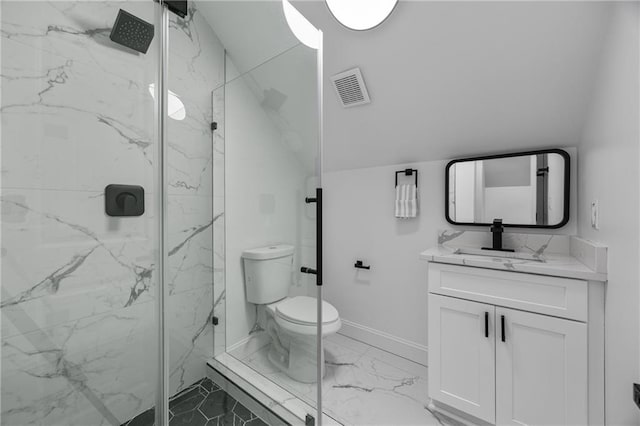 1217 Cabin Bridge Rd, Bethlehem, GA 30620 - bathroom with marble look tiles, a marble finish shower, toilet, and vanity