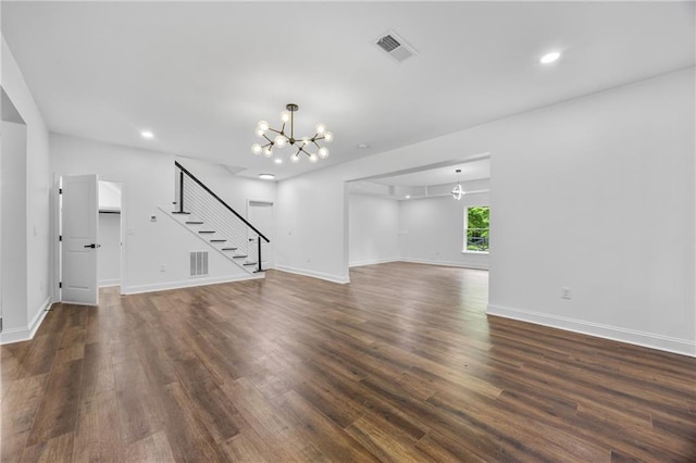 1217 Cabin Bridge Rd, Bethlehem, GA 30620 - unfurnished living room with stairway, a chandelier, dark wood-style flooring, baseboards, and recessed lighting