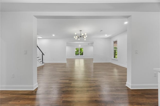 1217 Cabin Bridge Rd, Bethlehem, GA 30620 - unfurnished living room featuring stairs, a chandelier, recessed lighting, dark wood-style flooring, and baseboards