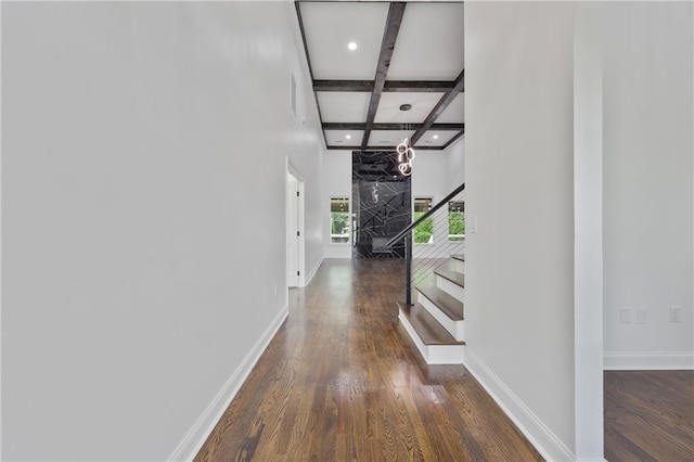 1217 Cabin Bridge Rd, Bethlehem, GA 30620 - hallway with coffered ceiling, beam ceiling, baseboards, wood finished floors, and recessed lighting