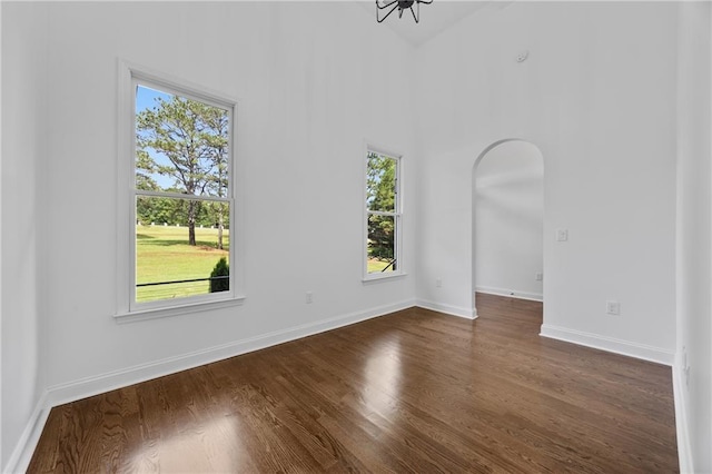 1217 Cabin Bridge Rd, Bethlehem, GA 30620 - spare room with arched walkways, dark wood-style flooring, baseboards, and high vaulted ceiling