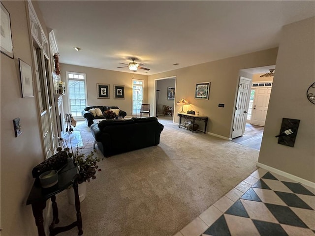 3962 Fox Glen Dr, Woodstock, GA 30189 - tiled living room featuring carpet and a ceiling fan
