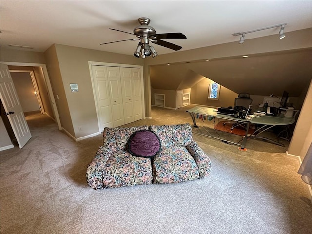 3962 Fox Glen Dr, Woodstock, GA 30189 - bedroom featuring carpet floors, track lighting, a closet, lofted ceiling, and ceiling fan