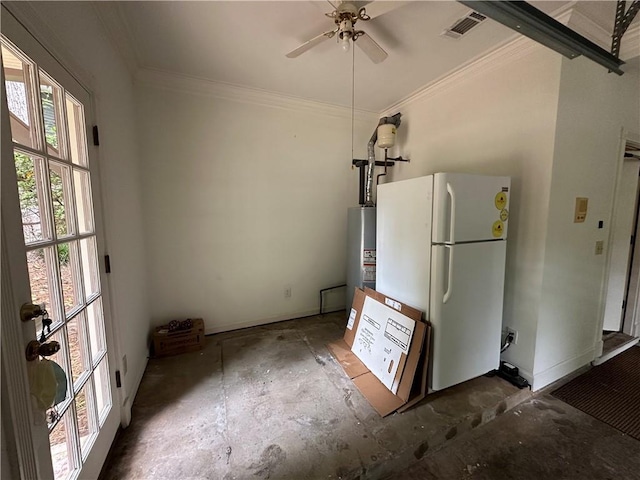 3962 Fox Glen Dr, Woodstock, GA 30189 - kitchen featuring freestanding refrigerator, crown molding, water heater, and ceiling fan