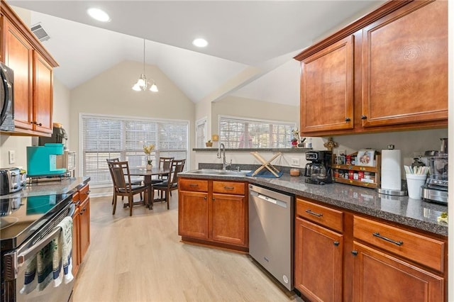 kitchen with a notable chandelier, a healthy amount of sunlight, stainless steel appliances, and light hardwood / wood-style flooring