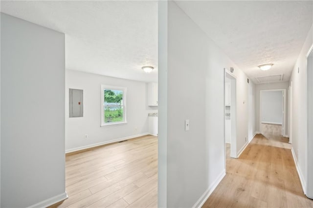 hallway featuring a textured ceiling, light wood-type flooring, attic access, and electric panel