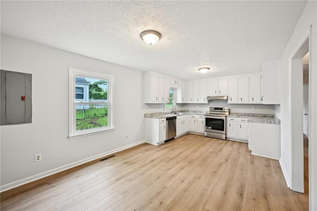 kitchen with stainless steel appliances, electric panel, a textured ceiling, visible vents, and light wood-style floors