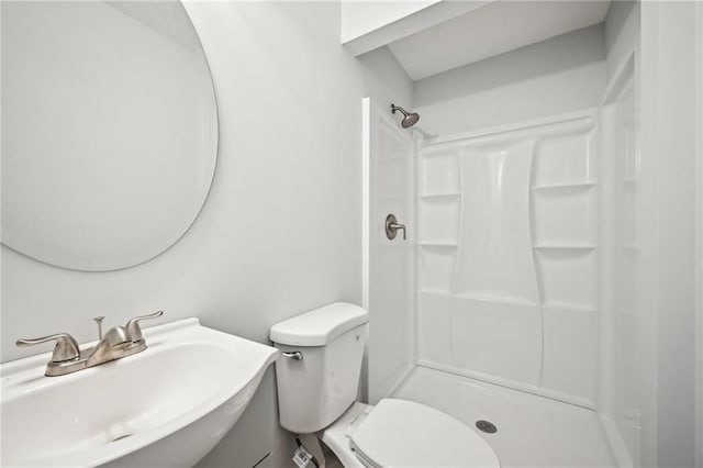 full bathroom with a sink, toilet, and a shower stall