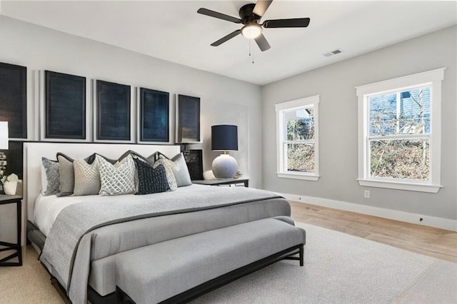 bedroom featuring ceiling fan, light wood-type flooring, visible vents, and baseboards