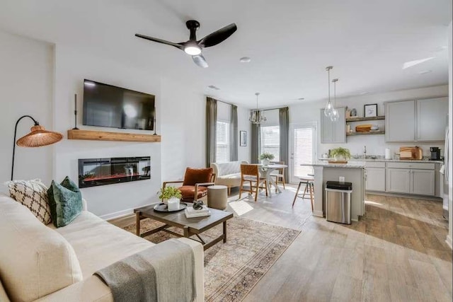 235 Ivey Ter, Temple, GA 30179 - living room featuring light wood-style floors, a ceiling fan, and a glass covered fireplace