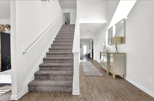 foyer featuring a towering ceiling and dark wood-type flooring