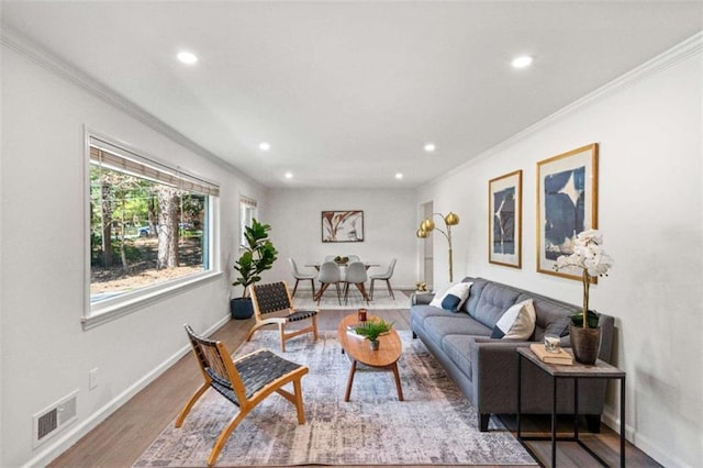 living room featuring ornamental molding and hardwood / wood-style flooring