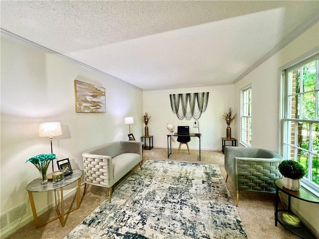 1461 Fox Forest Ter SW, Lilburn, GA 30047 - sitting room with crown molding, carpet flooring, a textured ceiling, an office area, and baseboards