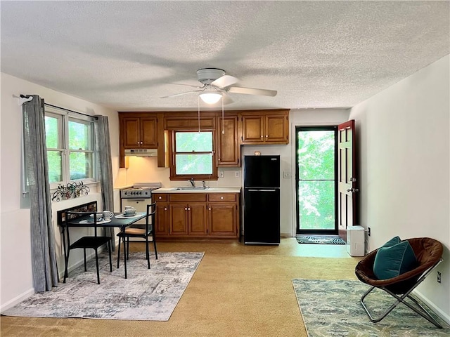 1461 Fox Forest Ter SW, Lilburn, GA 30047 - kitchen with freestanding refrigerator, gas stove, a sink, light countertops, and light colored carpet