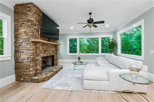 6225 Random Winds Blf, Gainesville, GA 30506 - living area featuring crown molding, a ceiling fan, healthy amount of natural light, a fireplace, and wood finished floors