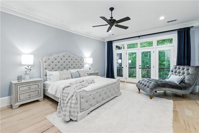 6225 Random Winds Blf, Gainesville, GA 30506 - bedroom featuring access to exterior, ornamental molding, light wood-type flooring, ceiling fan, and recessed lighting