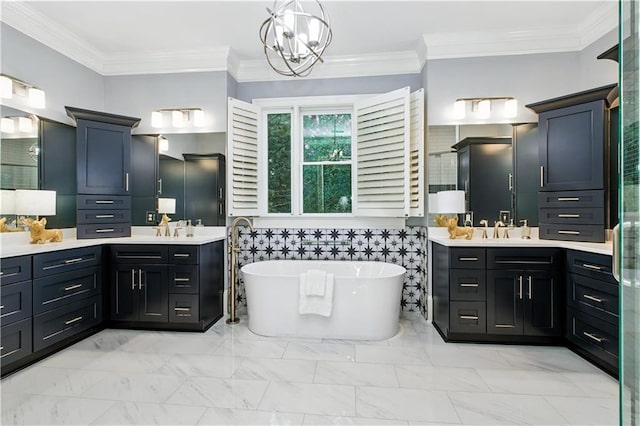 6225 Random Winds Blf, Gainesville, GA 30506 - full bath with two vanities, marble finish floors, a soaking tub, ornamental molding, and a chandelier