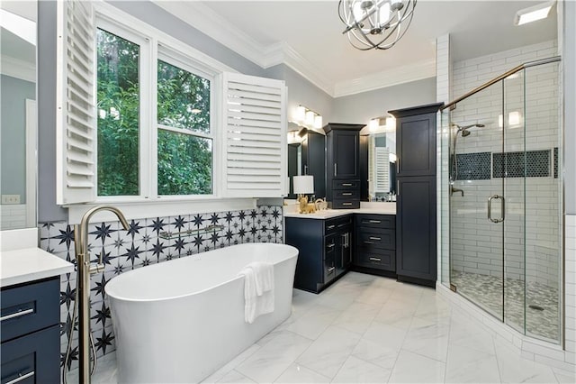 6225 Random Winds Blf, Gainesville, GA 30506 - full bathroom featuring vanity, a soaking tub, a shower stall, marble finish flooring, and crown molding