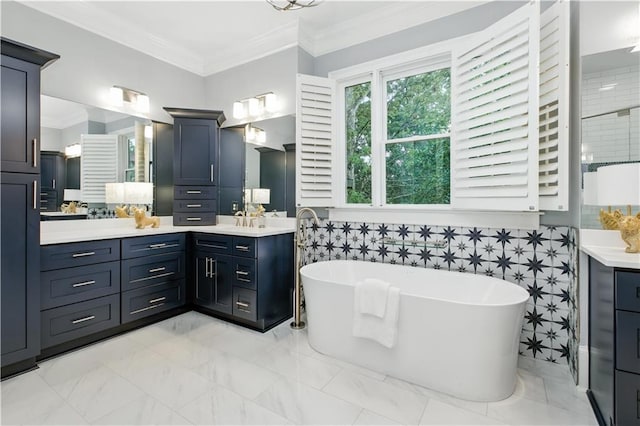 6225 Random Winds Blf, Gainesville, GA 30506 - full bath featuring vanity, a freestanding tub, marble finish floors, a shower, and ornamental molding
