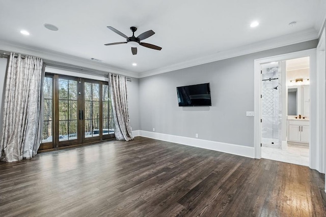 6225 Random Winds Blf, Gainesville, GA 30506 - unfurnished living room featuring wood finished floors, a ceiling fan, ornamental molding, french doors, and recessed lighting