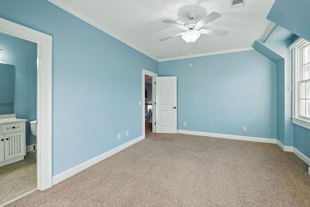 6225 Random Winds Blf, Gainesville, GA 30506 - unfurnished bedroom with carpet floors, ornamental molding, connected bathroom, and ceiling fan