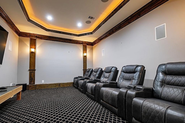 6225 Random Winds Blf, Gainesville, GA 30506 - carpeted home theater room with ornamental molding and a raised ceiling