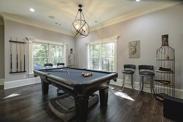 6225 Random Winds Blf, Gainesville, GA 30506 - playroom with plenty of natural light, billiards table, dark wood-type flooring, a chandelier, and ornamental molding