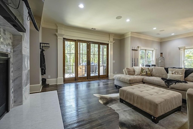 6225 Random Winds Blf, Gainesville, GA 30506 - living room with dark wood-type flooring, crown molding, and recessed lighting
