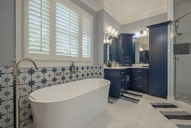 6225 Random Winds Blf, Gainesville, GA 30506 - full bathroom with a stall shower, vanity, a soaking tub, ornamental molding, and marble finish flooring