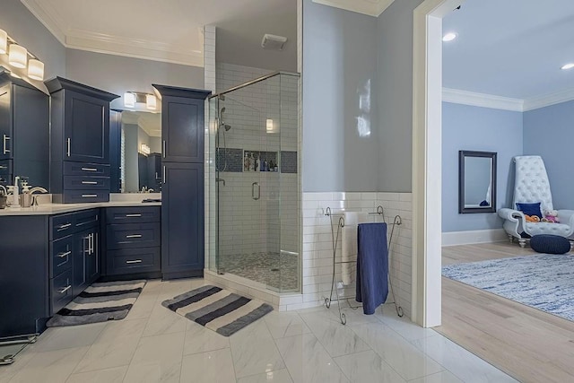 6225 Random Winds Blf, Gainesville, GA 30506 - full bath featuring vanity, a shower stall, crown molding, recessed lighting, and marble finish floors