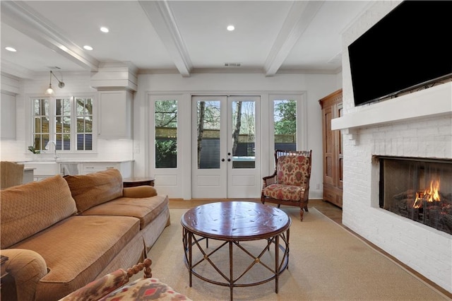2620 Middle Coray Cir, Marietta, GA 30066 - living room featuring beam ceiling, recessed lighting, french doors, and a fireplace
