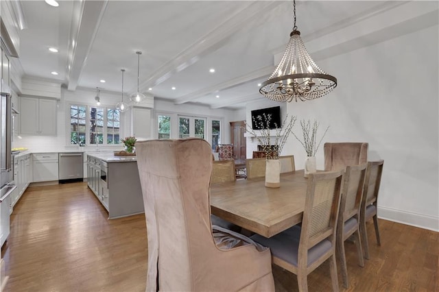 2620 Middle Coray Cir, Marietta, GA 30066 - dining room with baseboards, beamed ceiling, recessed lighting, an inviting chandelier, and wood finished floors