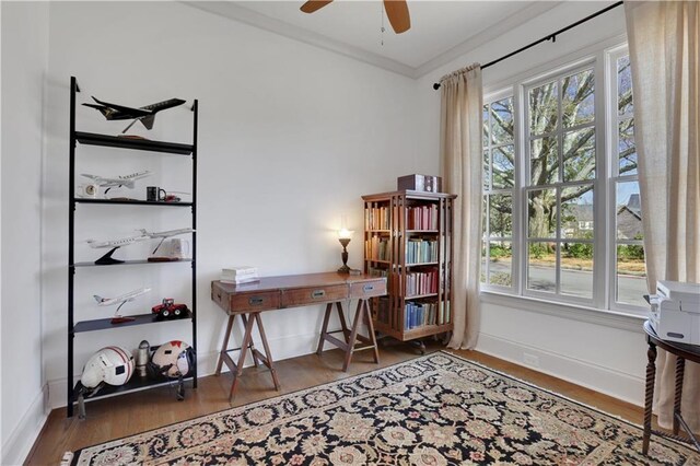 2620 Middle Coray Cir, Marietta, GA 30066 - office area with crown molding, plenty of natural light, a ceiling fan, and wood finished floors