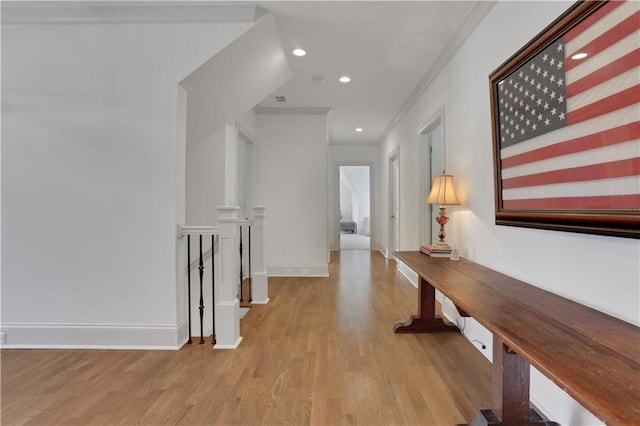 2620 Middle Coray Cir, Marietta, GA 30066 - hallway with recessed lighting, wood finished floors, baseboards, and ornamental molding