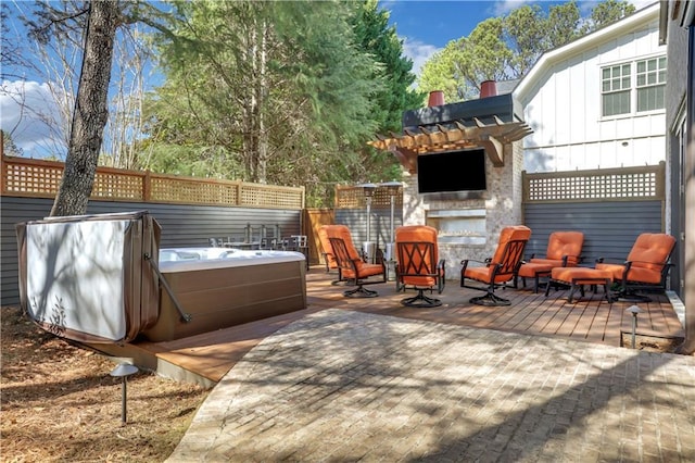 2620 Middle Coray Cir, Marietta, GA 30066 - wooden deck with fence, a pergola, and a hot tub