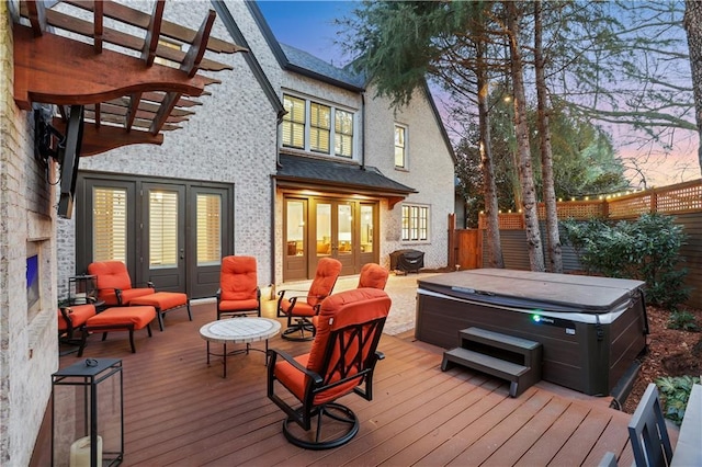 2620 Middle Coray Cir, Marietta, GA 30066 - wooden deck with a pergola, french doors, a hot tub, and fence
