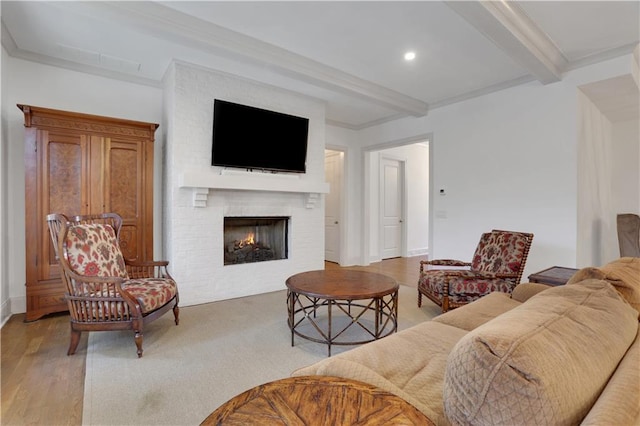 2620 Middle Coray Cir, Marietta, GA 30066 - living room featuring beam ceiling, a brick fireplace, recessed lighting, and ornamental molding