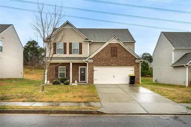 traditional-style house featuring brick siding, concrete driveway, and a front lawn