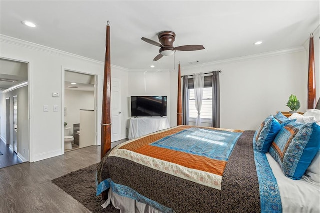 bedroom featuring ceiling fan, dark hardwood / wood-style flooring, and crown molding