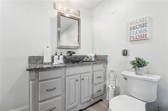 bathroom featuring toilet, wood-type flooring, and vanity