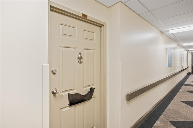 interior space featuring a drop ceiling and carpet